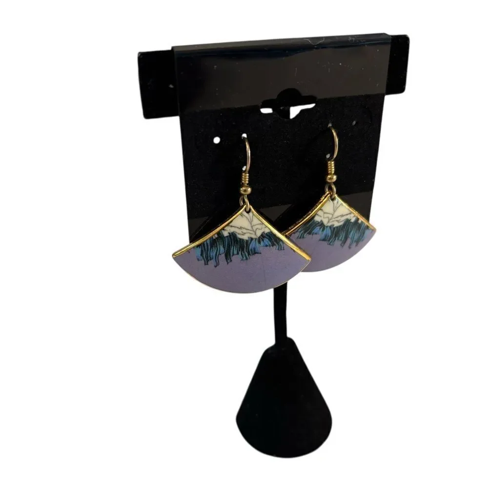 Elegant Vtg. Hand Painted Rose Gold Trimmed White, Blue & Lavender Fan Earrings